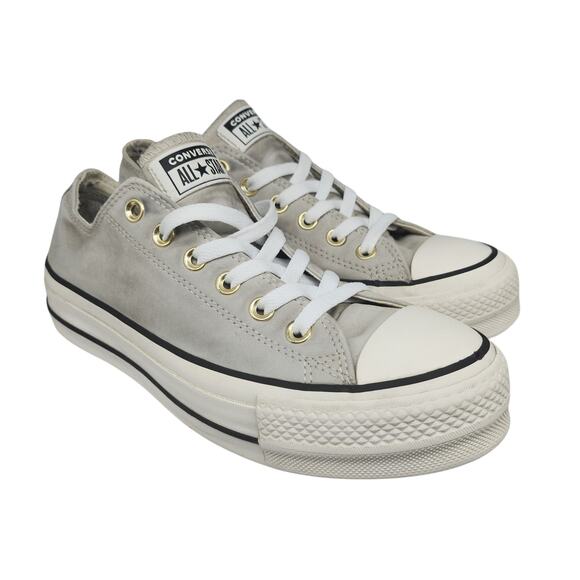Converse Shoes Womens 8.5 Platform Gray Leather Gold Low Tops Grunge Preppy - Picture 2 of 15